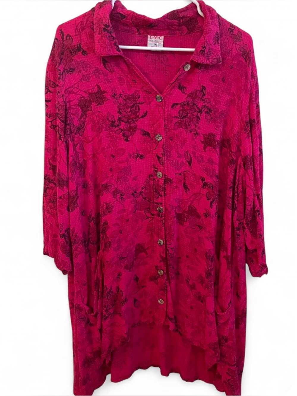 Vintage Lagenlook Pink Flowy Shirt Whimsical Artsy Button Down Asymmetrical Hem